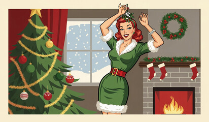 Christmas pin-up girl. Pin up girl christmas card.