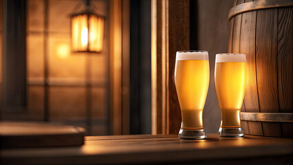 Golden beer glasses glowing on wooden table concept. Two glasses of golden beer placed on a wooden table.