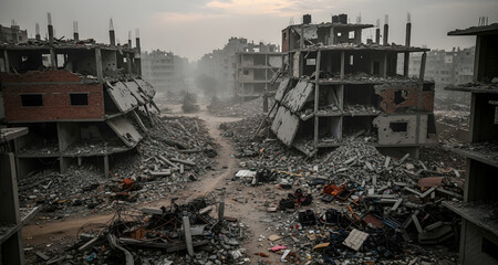 Devastated residential buildings and rubble in war zone or earthquake disaster area