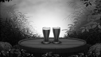Golden beer glasses glowing on wooden table concept. Two glasses on a wooden table surrounded by lush foliage.