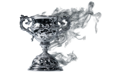 Silver Trophy Sculpture with Smoke Effect isolated on white background
