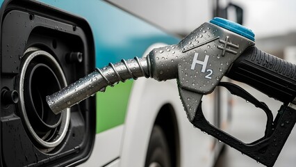 A hydrogen fuel nozzle is inserted into a car's hydro fuel tank at a hydro station.