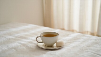 Fototapeta premium A cup of tea sits on a saucer next to a sweet treat on a soft bed. Cozy morning atmosphere with natural light.