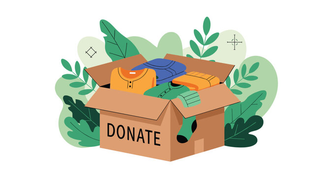 Large brown cardboard box labeled donate filled with various colorful folded shirts and clothing items on a background of green abstract leaves.