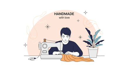 Fototapeta premium Focused young man using an electric sewing machine to stitch orange fabric on a workbench with a potted plant on a soft pink circular background.