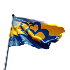 Flag with Heart Design in Vibrant Blue and Yellow Colors Waving in Wind on White Background for Symbolism