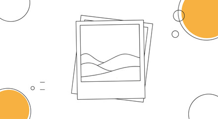 Simple line drawing illustration of stacked polaroid photographs with a mountain landscape and orange circular shapes in the white background.
