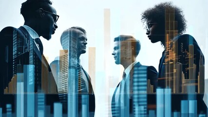 Futuristic Business Meeting with Overlaid Digital Cityscape and Diverse Professionals - Powered by Adobe