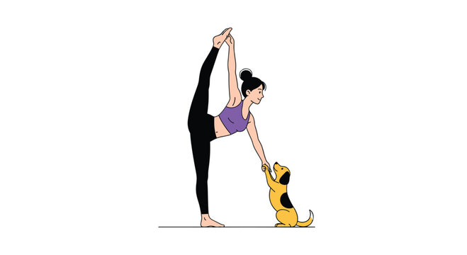 Athletic woman practicing a vertical split yoga pose while holding the paw of her cute golden dog sitting on a white background for pet lovers.