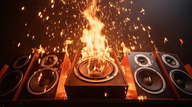 Audio Speakers Blasting Music Fire Sparks Sound System Overload