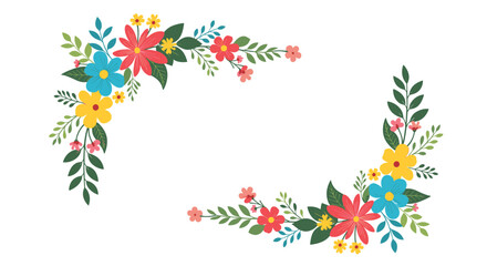 Obraz premium Beautiful decorative floral border arrangement with vibrant red, yellow, and blue flowers accompanied by green leaves and foliage.