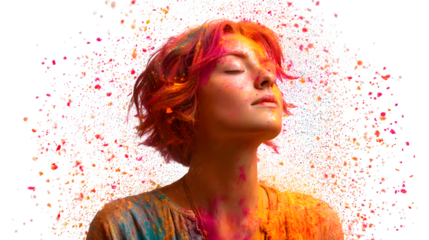 Vibrant Holi Harmony Young Woman Surrounded by Floating Color Powder and Petals isolated on white background