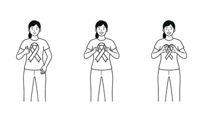 Female awareness ribbon gesture set woman supporting cancer and health causes pointing holding and heart sign line art vector illustration isolated on white