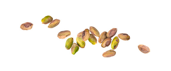 Fried salt pistachio nuts isolated. Baked pistachios pile, roasted green pistache fruits on white