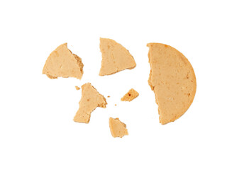 Protein cookie isolated, broken round energy snack with peanuts, chicory fibre
