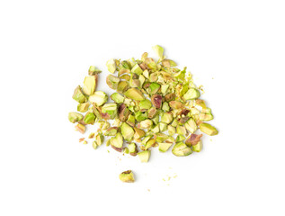 Fried salt pistachio nuts isolated. Baked pistachios pile, roasted green pistache fruits on white