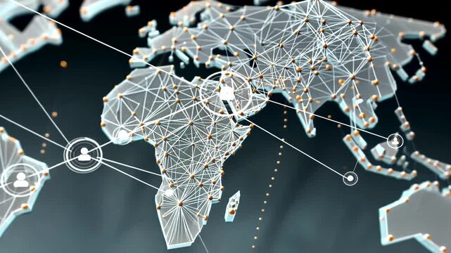 Global Network of Digital Connections and Data Flow Visualized in a Futuristic World Map