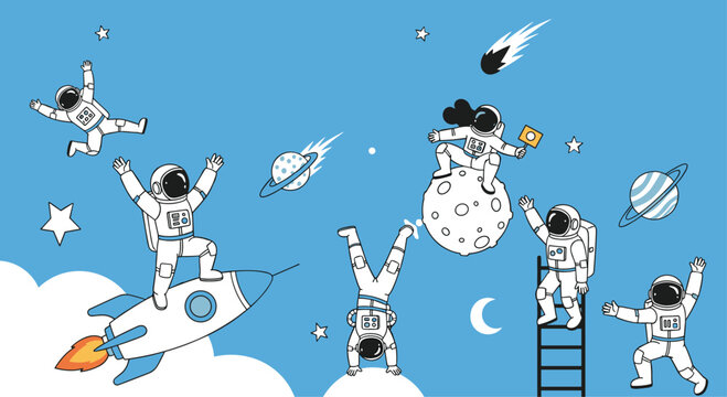 Playful scene of multiple astronauts in white space suits having fun, floating, and exploring a bright blue cosmic environment.