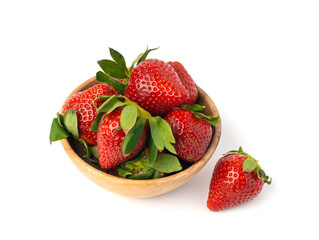 Fresh strawberry isolated, whole ripe straw berry, red juicy imperfect strawberri with green leaves