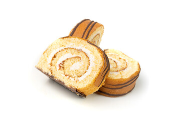 Swiss Roll, Round Sponge Cake Isolated, Sliced Rolled Vanilla Biscuit with Jam Filling