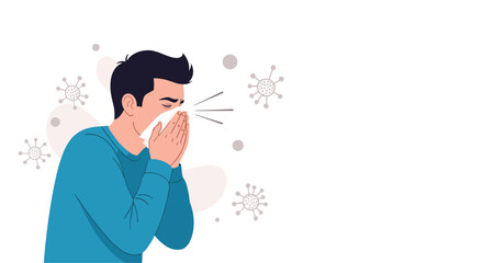Illustration of a man sneezing into a tissue with virus particles floating in the background, representing flu or cold symptoms.