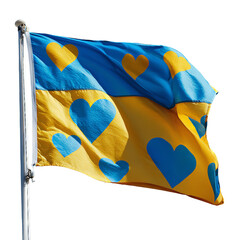 Ukrainian flag with hearts in patriotic style with soft natural lighting on fabric texture for charity campaign