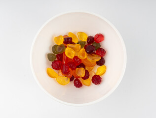 Fruit gummy candy pile isolated, vegan chewing marmalade pills, jelly gumdrops heap