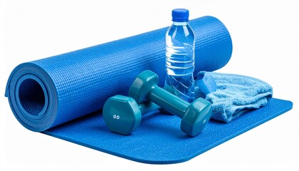 Neatly arranged home workout gear on blue exercise mat including dumbbells, towel, and water bottle