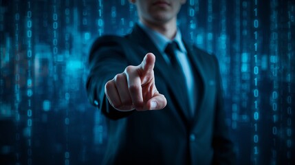 A businessman in a suit pointing his finger towards futuristic binary code, representing technology and data