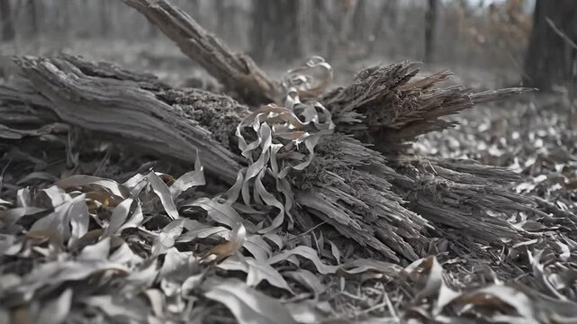 Monochromatic forest floor with decaying wood and fallen leaves, conveying a sense of natural decomposition and the passage of time.