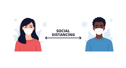 Obraz premium Illustration of two people wearing face masks with a double headed arrow labeled social distancing to promote safety during a health crisis.