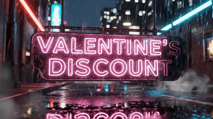 Sign Displaying Valentine's Discount on a Rainy City Street at Night