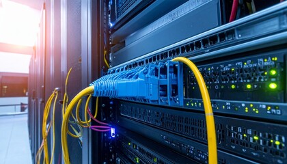   
Server room with blue Ethernet cables and active networking equipment in organized racks