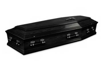 Black wooden coffin with silver handles and cross, representing death, funeral, and burial on a transparent background