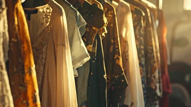 Elegant dresses hanging on a rack, illuminated by soft, warm sunlight creating a cozy atmosphere.