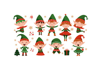 Fototapeta premium Cute Christmas elf character illustration set with festive outfits, Santa hats, gift boxes, Christmas trees and snowflakes. Adorable cartoon style with soft 