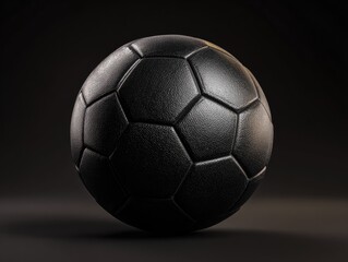 Naklejka premium Close-up of black soccer ball on a dark background. Textured leather, sports equipment