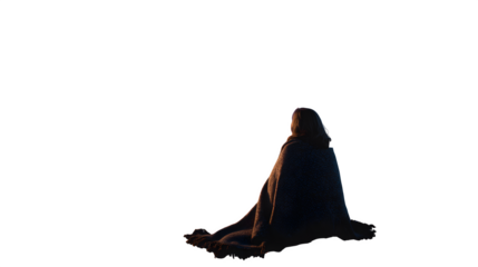 Woman in Blanket Overlooking Snowy Mountain Lake at Night isolated on white background