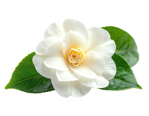 Fototapeta premium Close-up of a pristine, white flower with yellow center and glossy green leaves