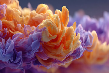 An abstract composition of smoothly intertwining clouds of colored smoke or ink in water 