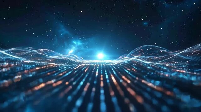 Abstract digital landscape with glowing particles and futuristic technology, perfect for modern designs.