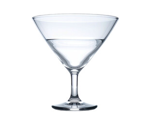 A clear, elegant, stemmed glass martini glass filled with a light-colored liquid on a black background
