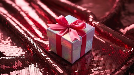 Silver gift box with pink ribbon on red sequins closeup