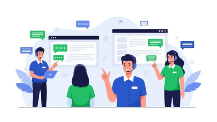 Customer Service Team Communicating Online with Chat Bubbles and Laptops