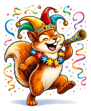 Fr&ouml;hliches Cartoon-Eichh&ouml;rnchen feiert Karneval mit Tr&ouml;te