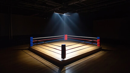 Empty boxing ring illuminated by bright white spotlight in dark gym
