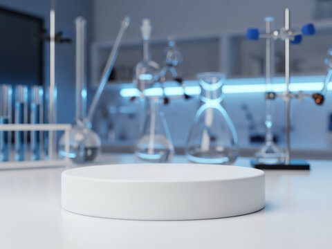 Clean laboratory setting with a white podium for product display and scientific equipment - Powered by Adobe