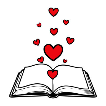 Logo con dibujo minimalista con l&iacute;neas de un libro abierto, con corazones saliendo de sus p&aacute;ginas 