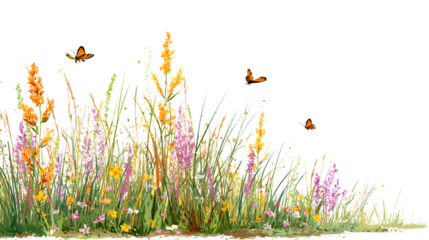 summer forest glade with flowering grass and butterflies isolated on white background