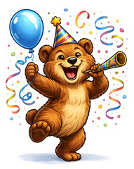 Fr&ouml;hlicher Cartoon-B&auml;r feiert Party mit Luftballon und Tr&ouml;te